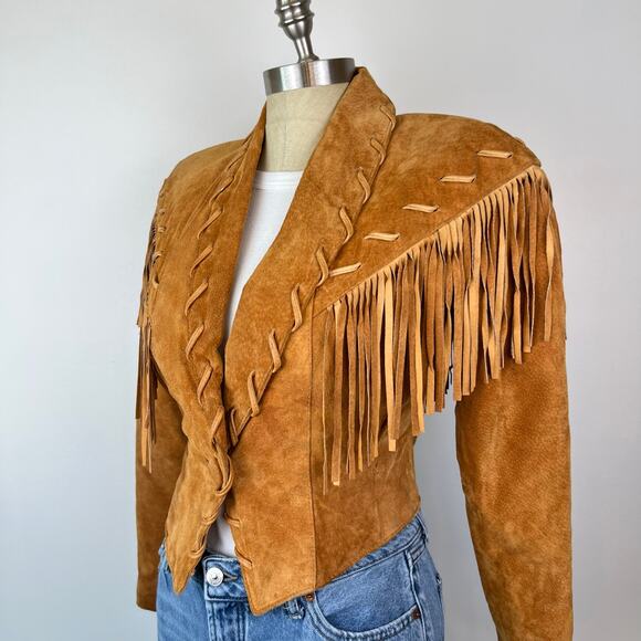 Contempo Casuals Vintage 80s Genuine Suede Western Fringe Crop Jacket (Sz S) - Picture 9 of 16
